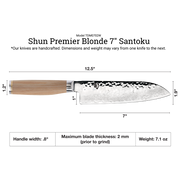 Shun | Premier Blonde Santoku, 7 knife with hammered Damascus blade and blonde Pakkawood handle, ideal for versatile kitchen tasks, handcrafted in Japan.