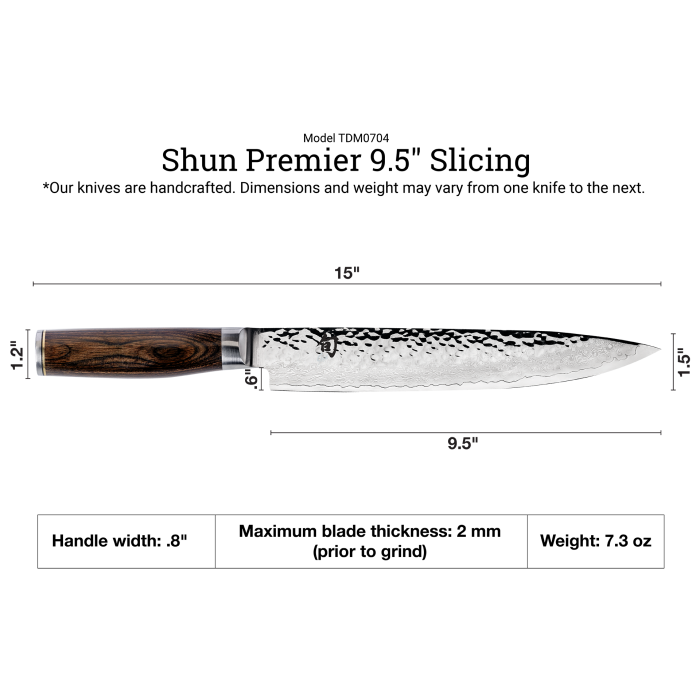 Shun Premier Carving Set Walnut, 2-Piece: Features a 9.5 gyuto knife with tsuchime finish and contoured pakkawood handle, ideal for versatile kitchen use.