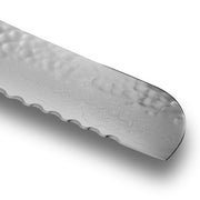 Shun Premier Bread Knife, 9, featuring a serrated, hammered blade with Damascus pattern, ideal for slicing bread and pastries without crushing.