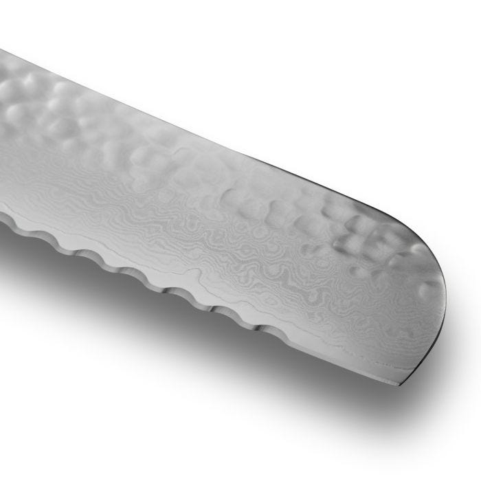 Shun Premier Bread Knife, 9, featuring a serrated, hammered blade with Damascus pattern, ideal for slicing bread and pastries without crushing.