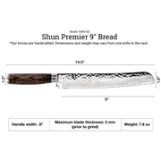 Shun Premier Bread Walnut, 9 knife, featuring a hammered tsuchime finish and a Damascus-style blade with a dark wood grain handle, ideal for precise bread slicing.