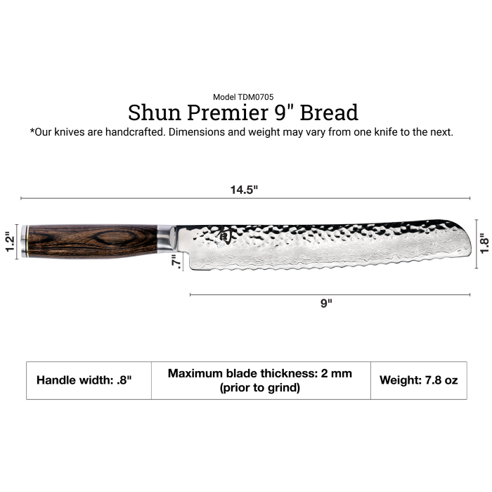 Shun Premier Bread Walnut, 9 knife, featuring a hammered tsuchime finish and a Damascus-style blade with a dark wood grain handle, ideal for precise bread slicing.