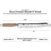 Shun Premier Blonde Bread Knife, 9, features a hammered tsuchime finish, Damascus pattern, and a D-shaped wooden handle, perfect for precise bread slicing.