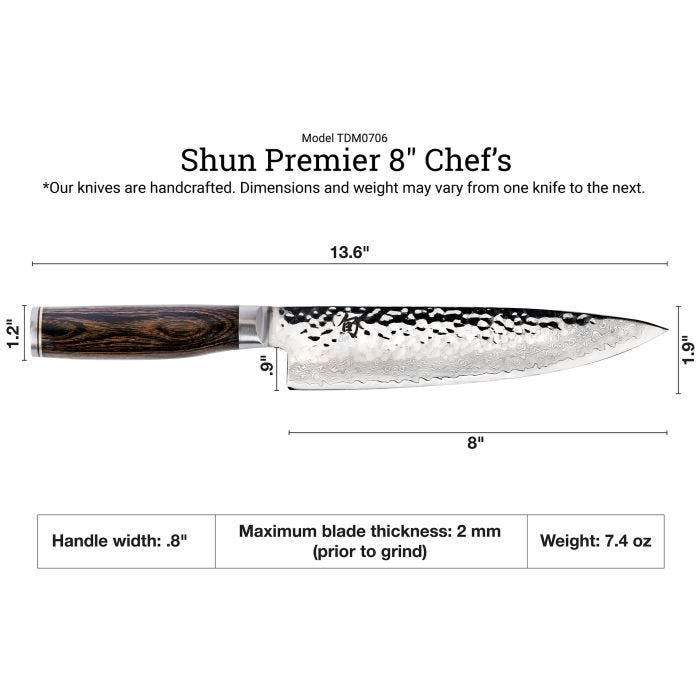 Shun | Premier Chef's Walnut, 8 inches knife, features a side-profile drawing with precise dimensions, showcasing its handcrafted, lightweight design ideal for versatile kitchen use.