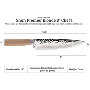 Shun | Premier Blonde Chef's Knife, 8 inches, features a hammered finish and Damascus pattern blade with a comfortable wooden handle for precise kitchen tasks.