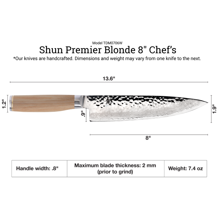 Shun | Premier Blonde Chef's Knife, 8 inches, features a hammered finish and Damascus pattern blade with a comfortable wooden handle for precise kitchen tasks.
