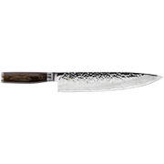 Shun | Premier Chef's Knife, 10, features a hammered blade and wooden handle, embodying precision and craftsmanship, ideal for versatile kitchen tasks.