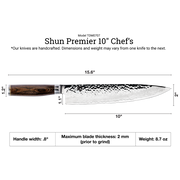 Shun | Premier Chef's Knife, 10, featuring a hammered Damascus blade and dark wood handle, ideal for efficient, large-volume cutting, crafted for professional use.