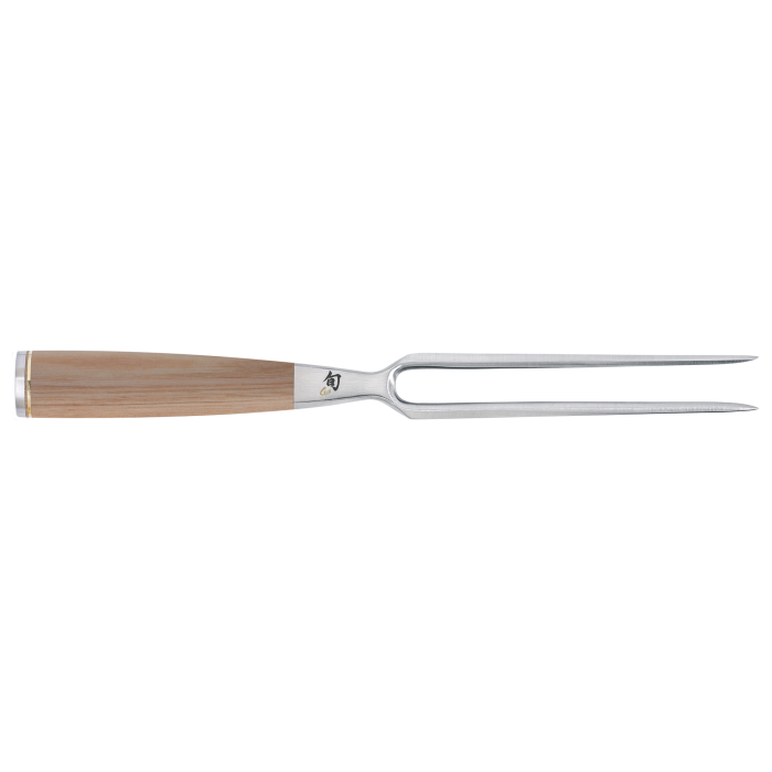 Shun | Premier Carving Set, 2 Blonde: A two-tined carving fork with wooden handle, perfect for steadying meat during carving, paired with a precision slicing knife.