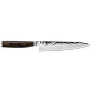 Shun | Premier Serrated Utility 6.5 Walnut knife features a Damascus-patterned, scalloped blade with a hammered texture and a dark wooden handle, ideal for precise kitchen tasks.