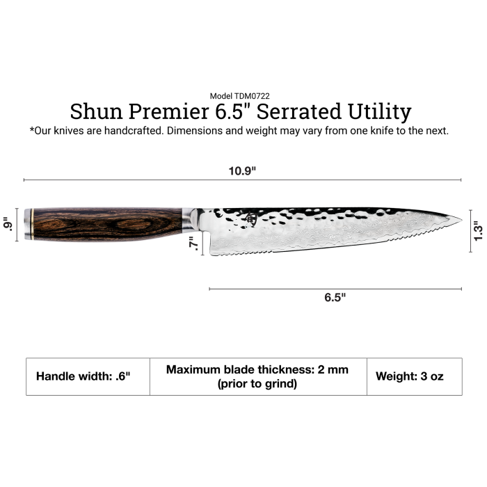 Shun Premier Serrated Utility Walnut, 6.5 knife with a hammered Damascus blade and dark wooden handle, showcasing a blend of serrated and fine cutting edges.