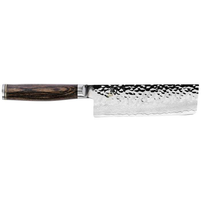 Shun Premier Knife Series Santoku, featuring a hammered damascus blade and dark wood handle, showcasing expert craftsmanship and precision for culinary tasks.
