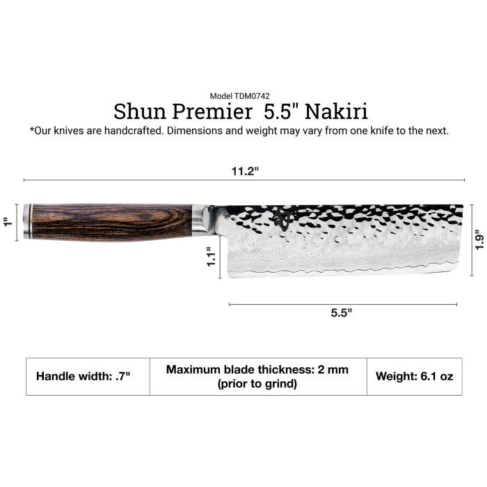 Shun Premier Nakiri Walnut, 5.5 vegetable knife with a hammered Damascus blade and ergonomic wooden handle, ideal for precise vegetable slicing and dicing.