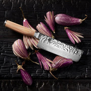 Shun Premier Blonde Nakiri, 5.5 knife with a hammered Damascus blade and light wood handle, surrounded by sliced purple-and-white striped eggplants on a charred surface.