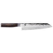 Shun Premier Knife Series Santoku with hammered stainless-steel blade and dark wood handle, exemplifying meticulous craftsmanship for versatile kitchen use.
