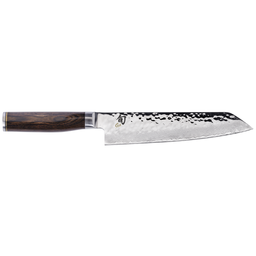 Shun Premier Knife Series Santoku with hammered stainless-steel blade and dark wood handle, exemplifying meticulous craftsmanship for versatile kitchen use.