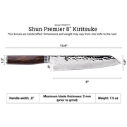 Shun Premier Kiritsuke Walnut, 8 knife with hammered Damascus blade, 13.4 overall, dark wood handle; ideal for versatile slicing and cutting tasks.
