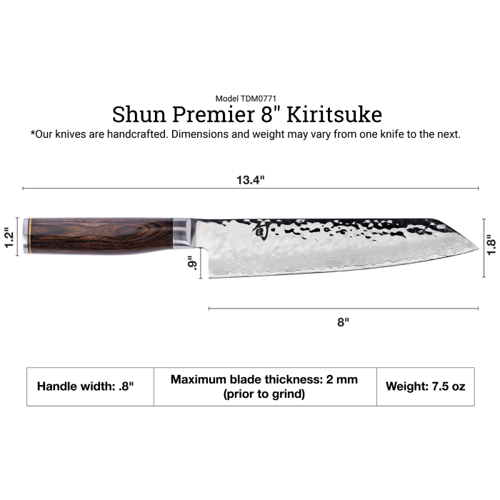 Shun Premier Kiritsuke Walnut, 8 knife with hammered Damascus blade, 13.4 overall, dark wood handle; ideal for versatile slicing and cutting tasks.