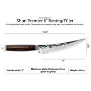 Shun Premier Boning + Filet knife with a 6-inch Damascus-style blade, hand-hammered finish, and dark Pakkawood handle, showcasing its precision craftsmanship and ergonomic design.