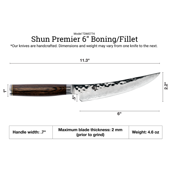 Shun Premier Boning + Filet knife with a 6-inch Damascus-style blade, hand-hammered finish, and dark Pakkawood handle, showcasing its precision craftsmanship and ergonomic design.