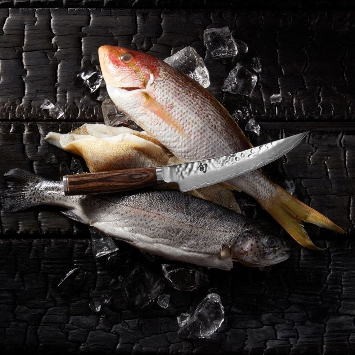 Shun Premier Boning + Fillet knife with tsuchime blade on ice, highlighting its precision for filleting, ideal for Athens Cooks' curated kitchen tool selection.