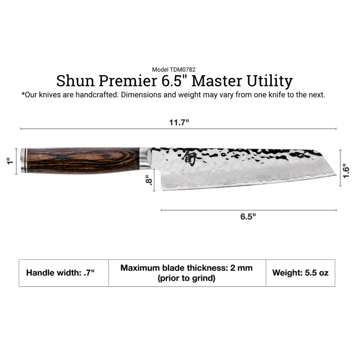 Shun Premier Master Utility Walnut, 6.5, Japanese-style knife with hammered Damascus-patterned blade, dark wood handle, kanji markings, ideal for versatile slicing and chopping tasks.