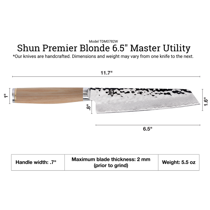 Shun Premier Blonde Master Utility knife, 6.5, featuring a hammered Damascus blade, octagonal wooden handle, and stainless bolster; versatile for various kitchen tasks.