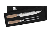 Shun | Premier Carving Set - Blonde: A boxed set with a hammered-finish carving knife and fork, featuring wooden handles, presented in a black gift box with Shun logo.