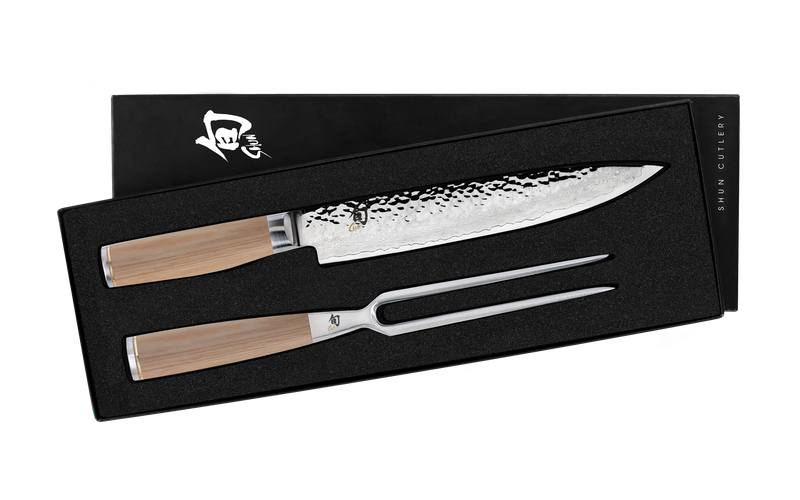 Shun | Premier Carving Set - Blonde: A boxed set with a hammered-finish carving knife and fork, featuring wooden handles, presented in a black gift box with Shun logo.