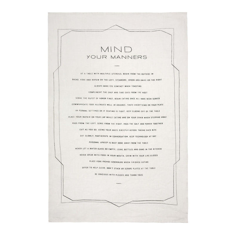 Sir|Madam Linen Tea Towels, Mind Your Manners, featuring dining-etiquette tips, perfect for adding charm and practicality to your kitchen routine.