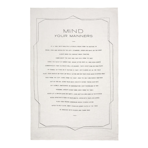 Sir|Madam Linen Tea Towels, Mind Your Manners, featuring dining-etiquette tips, perfect for adding charm and practicality to your kitchen routine.