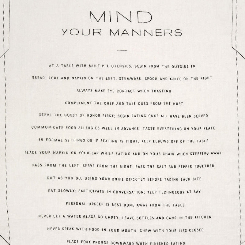 Sir|Madam Linen Tea Towels, featuring Mind Your Manners etiquette tips, perfect for drying delicate dishware with style and functionality, ideal for Athens Cooks' curated kitchen collection.