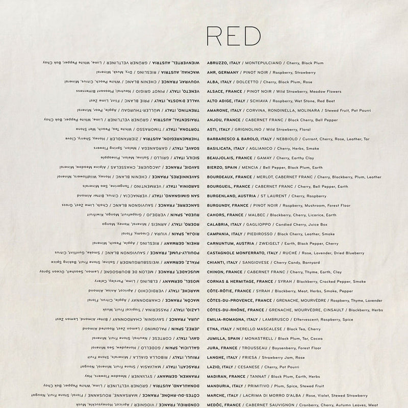 Sir|Madam Linen Tea Towels, Wine Varietals: Typographic poster of European red wine regions, grape varieties, and tasting notes, printed on high-quality linen for kitchen use.