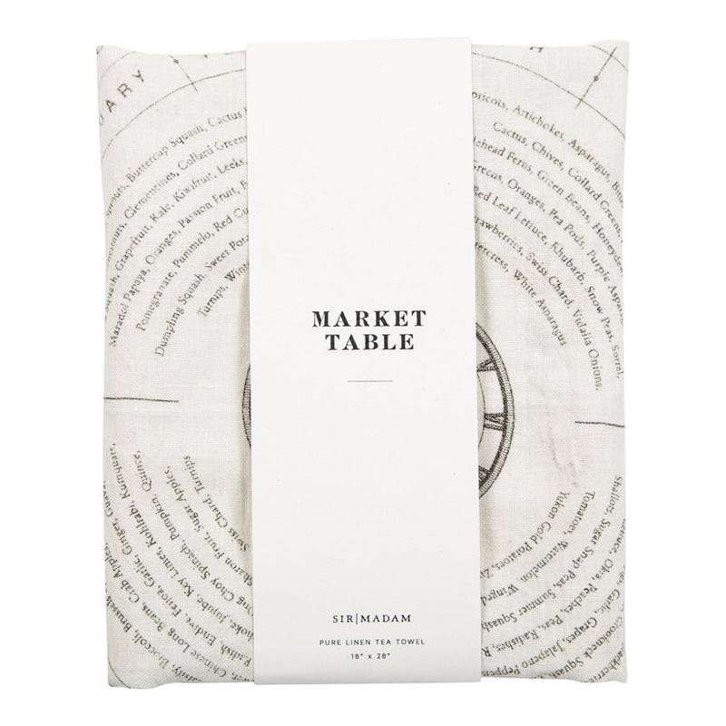 Sir|Madam Market Table linen tea towel showcases a seasonal produce chart, ideal for drying delicate kitchenware.