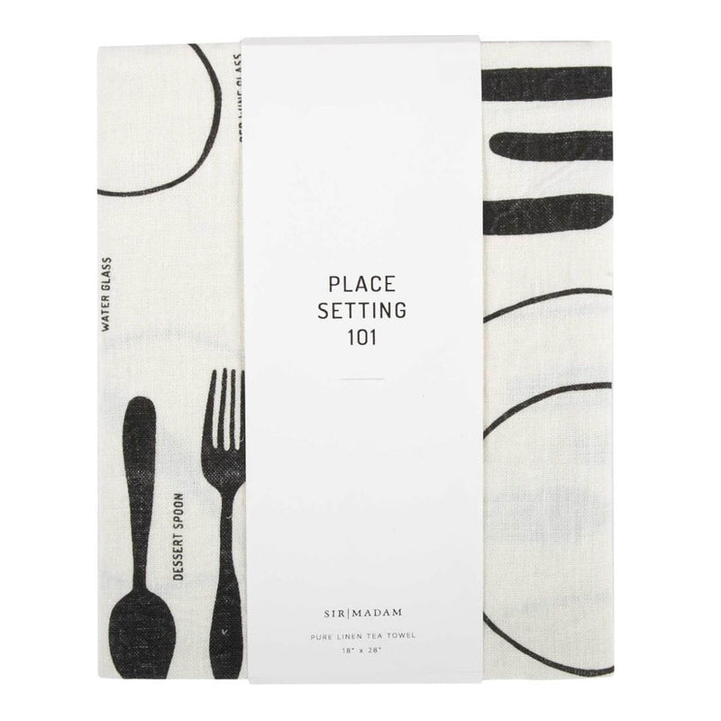 Sir|Madam Linen Tea Towels, Place Setting 101, featuring an illustrated place setting diagram, wrapped in a band labeled PLACE SETTING 101 for kitchen use.
