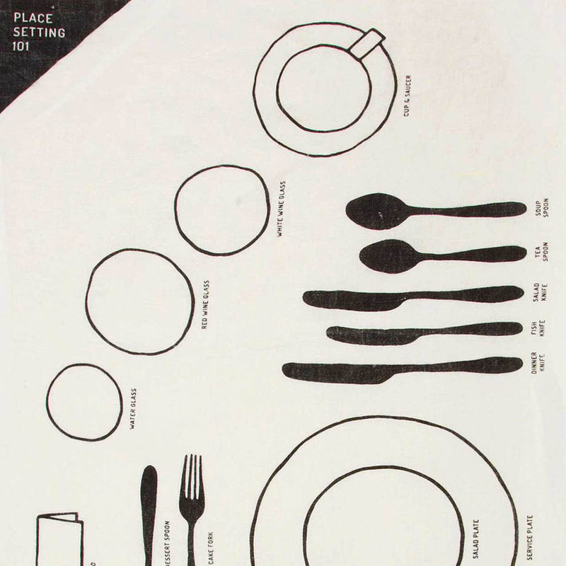 Sir|Madam | Linen Tea Towels, Place Setting 101: Linen tea towel with a formal table setting diagram, ideal for guiding elegant dining arrangements.