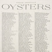 Sir|Madam Linen Tea Towels, North American Oysters, showcasing an alphabetical list of oyster varieties with origins and flavor notes. Ideal for drying delicate kitchenware.