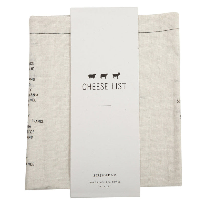 Sir|Madam Linen Tea Towels, Cheese: Off-white linen towel featuring cheese list by milk content, packaged with sheep, cow, goat icons, ideal for drying delicate kitchenware.