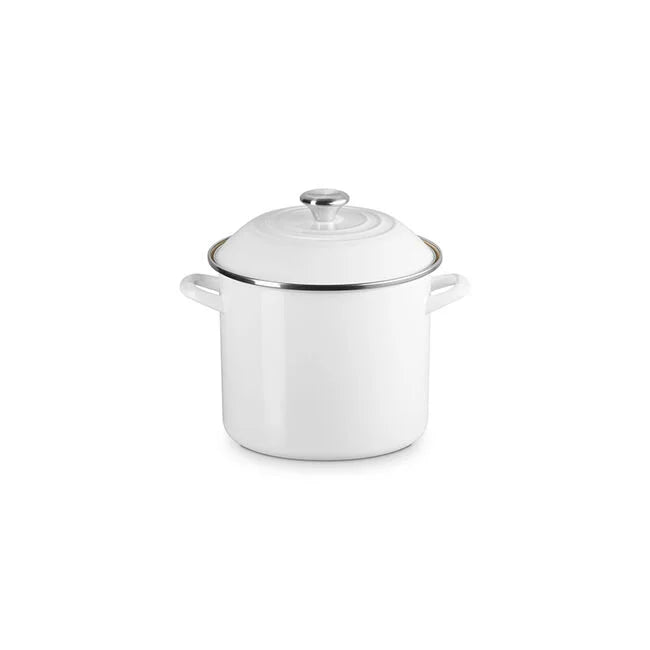 Le Creuset | Enamel on Steel Stockpot, 12 QT, White, ideal for soups and pasta; features lightweight carbon steel with enamel coating and heat-resistant knobs.
