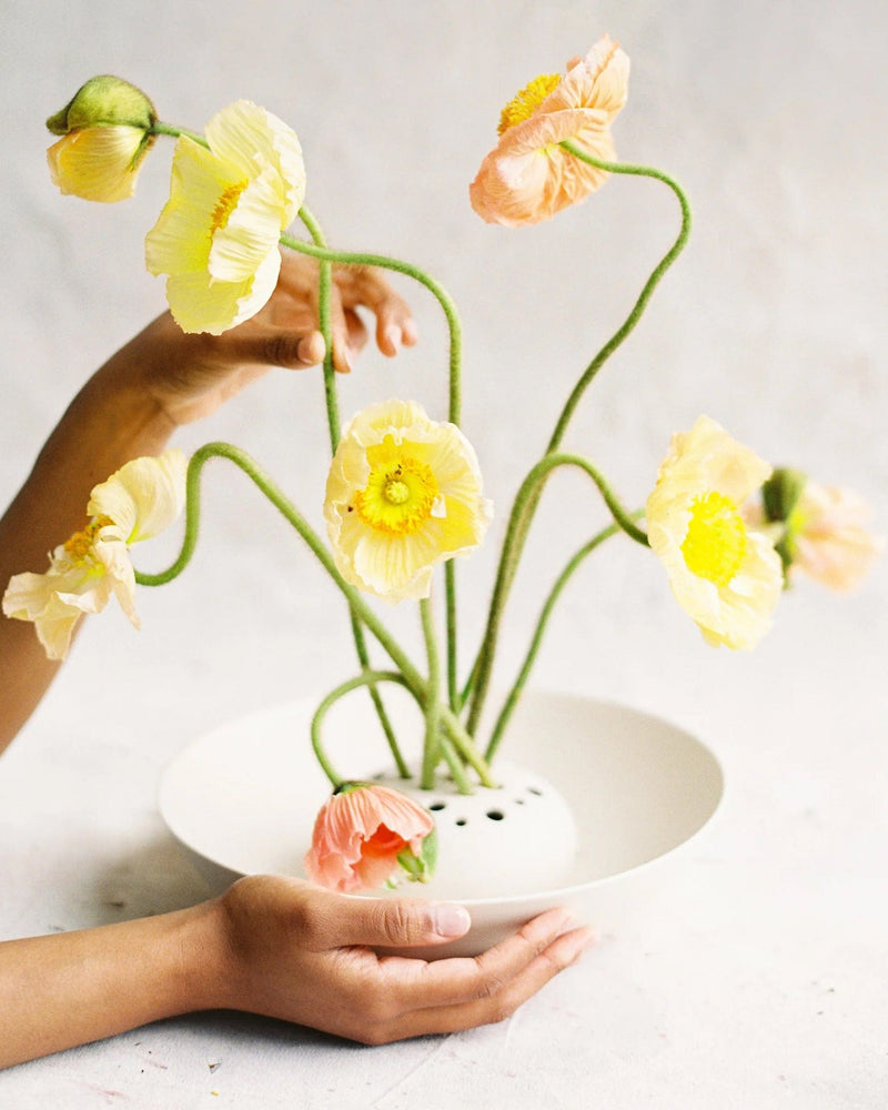 The Floral Society | Ceramic Flower Frog Bowl held by person, showcasing its use for arranging flowers with built-in stem support.