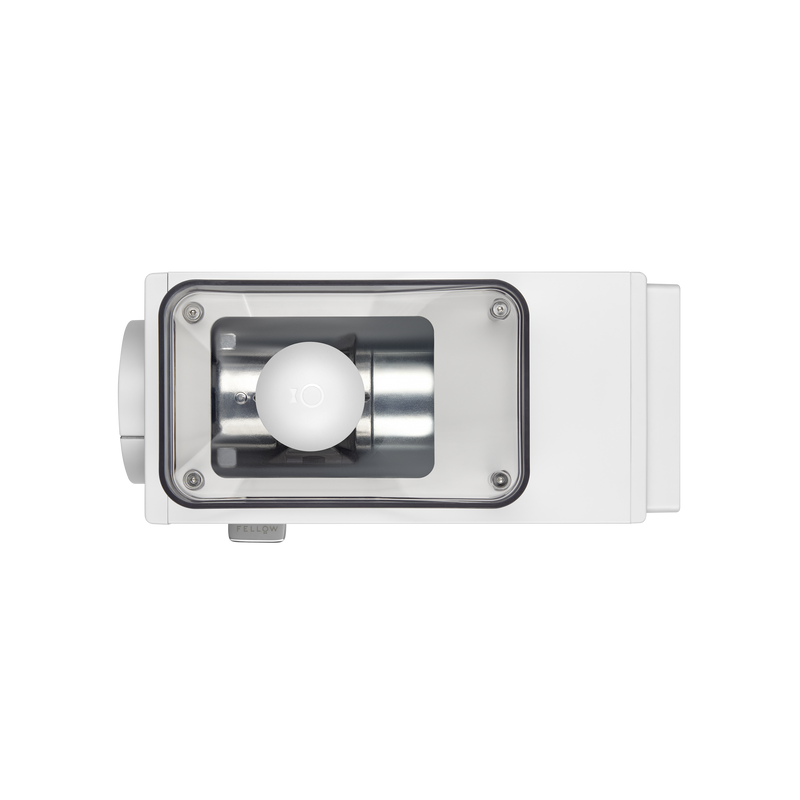FELLOW | Ode Brew Grinder Gen 2, Matte White: Compact LED spotlight design; front lens cover with a metal reflector and round LED light, visible mounting attachment.