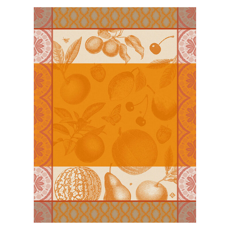 Le Jacquard Français | Arriere Pays Tea Towel with fruit and botanical illustrations, framed in grid-like patterns, ideal for adding a Provencal touch to your kitchen decor.