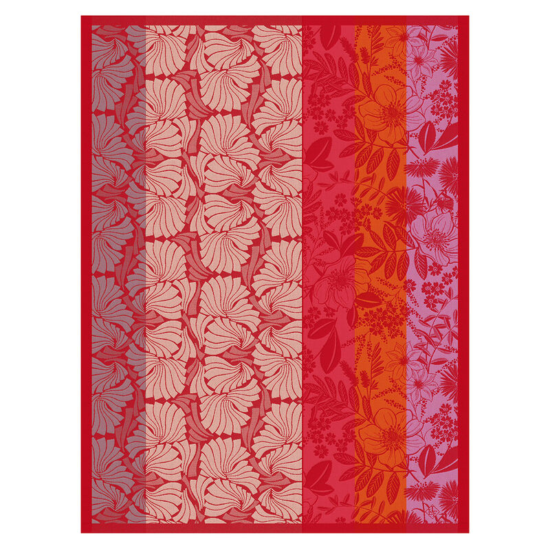 Le Jacquard Français | Cottage Tea Towel featuring stylized floral motifs in red, orange, and pink tones, enhancing your kitchen's decor with vibrant elegance.