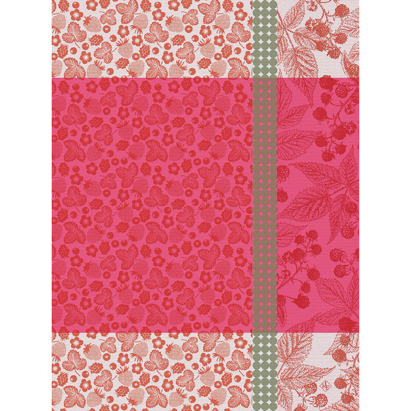 Le Jacquard Français | Cueillette D'Été Tea Towel, Red, features a strawberry and floral block pattern, ideal for adding vibrant charm and durability to your kitchen.