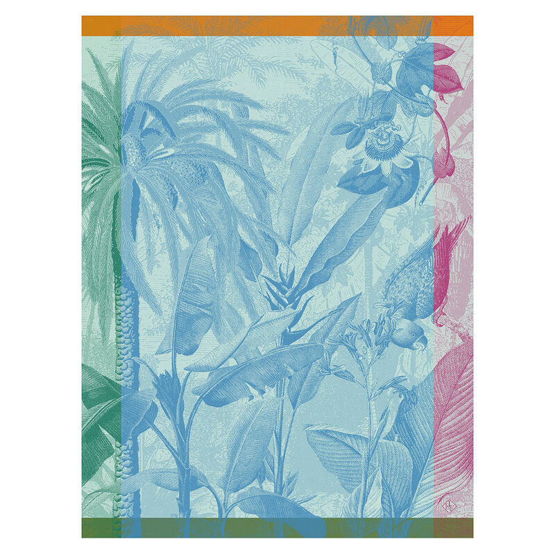 Le Jacquard Français | Equateur Tea Towel, Blue: Features a tropical jungle scene with palm trees, passionflowers, and a parrot, perfect for vibrant kitchen decor.
