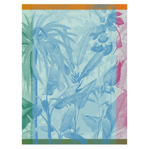 Le Jacquard Français | Equateur Tea Towel, Blue: Features a tropical jungle scene with palm trees, passionflowers, and a parrot, perfect for vibrant kitchen decor.