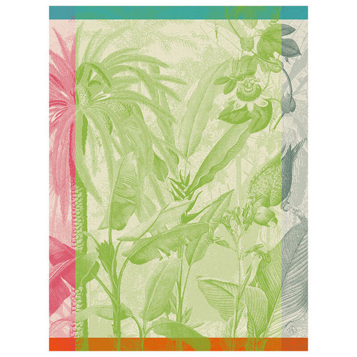 Le Jacquard Français | Équateur Tea Towel, Green: Vintage-style botanical design with tropical foliage and modern color blocks, crafted in 100% cotton for a vibrant kitchen accent.