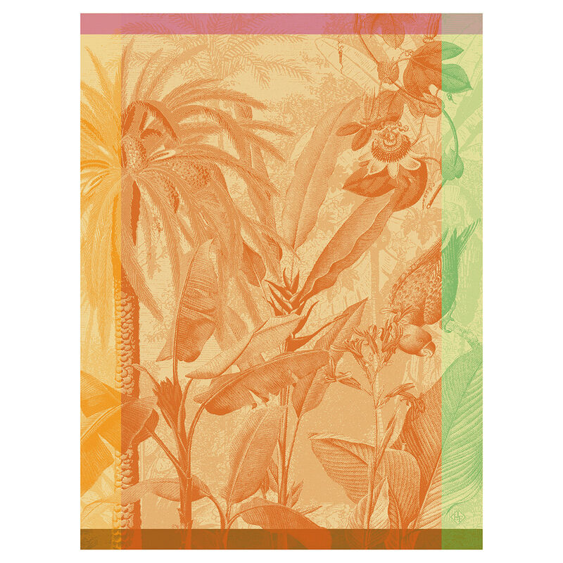 Le Jacquard Français | Équateur Tea Towel features a vintage botanical print with tropical leaves and passionflowers, adding exotic charm to your kitchen.