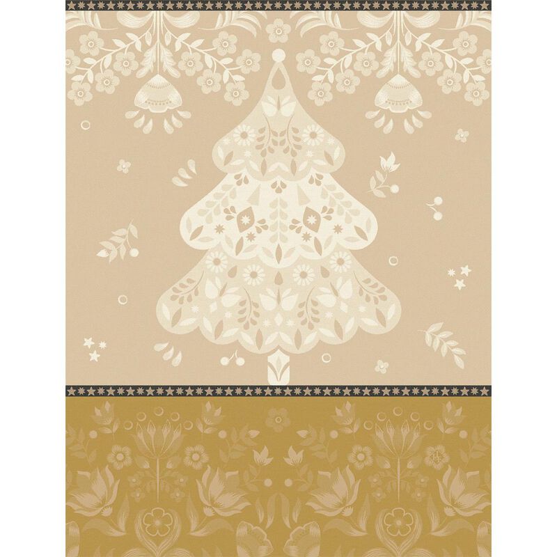 Le Jacquard Français | Féerie Tea Towel, Yellow: Folk-art design with scalloped Christmas tree and floral motifs, perfect for adding festive charm to your kitchen.