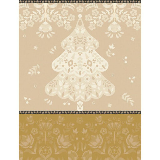 Le Jacquard Français | Féerie Tea Towel, Yellow: Folk-art design with scalloped Christmas tree and floral motifs, perfect for adding festive charm to your kitchen.